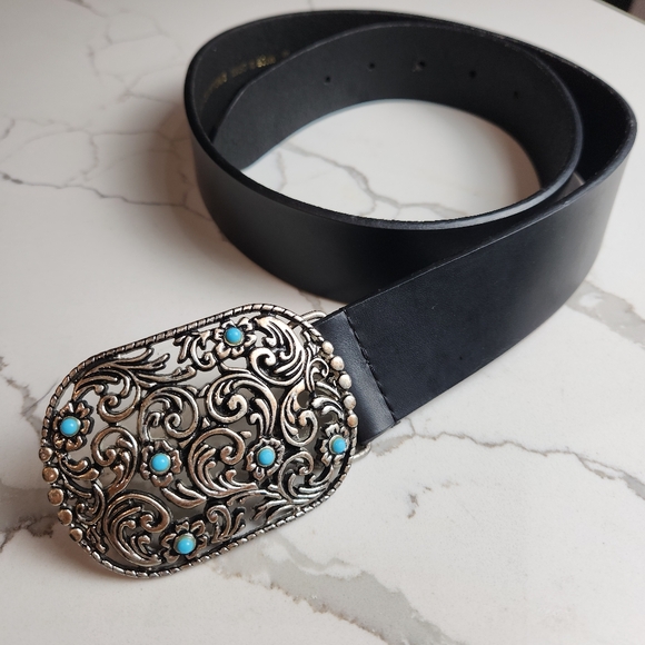 Source Unknown Accessories - Western Turquoise & Silver Metal Faux Leather Belt Size Medium